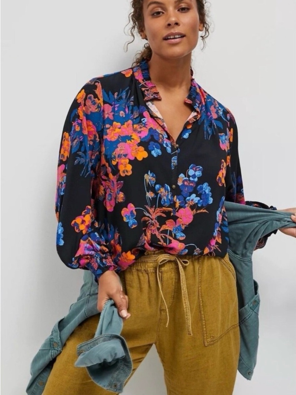 Anthropologie Maeve Black Floral Button-Front Blouse with Pink & Blue Blooms